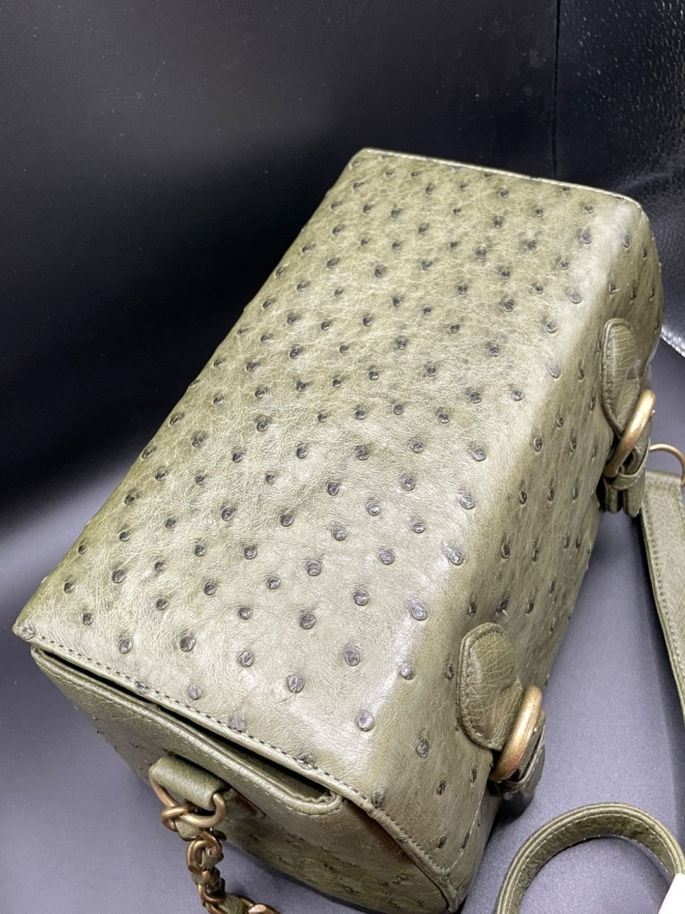 Vintage SMK Faux Ostrich Leather Olive Green Box Purse Handbag Cosmetic Case - Picture 6 of 15